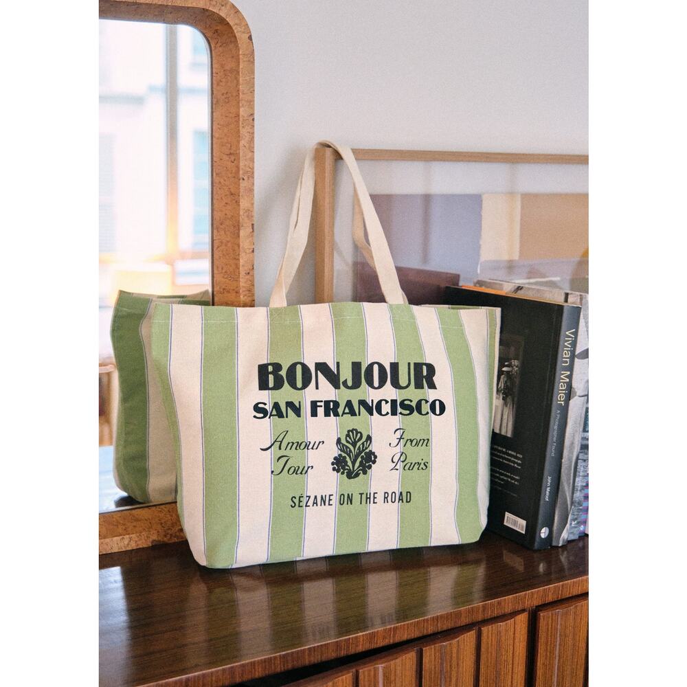 S�zane 'Bonjour' Green Canvas Tote Bag